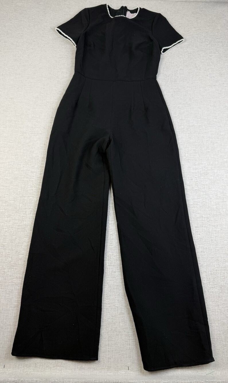Cal Meets Glam Collection Black Pearl Trim Wide Leg Jumpsuit Size 2